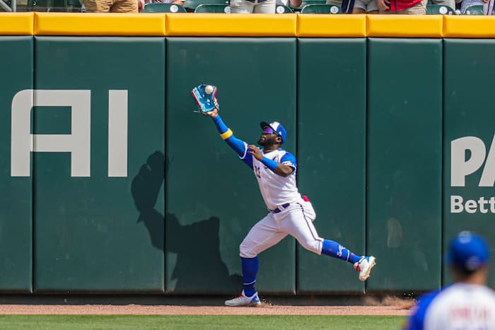 Jun 10, 2023; Cumberland, Georgia, USA; Atlanta Braves center fielder Michael Harris II (23) catches a sacrifice fly ball hit by second baseman Luis Garcia (2) (not shown) during the first inning at Truist Park. Mandatory Credit: Dale Zanine-USA TODAY Sports